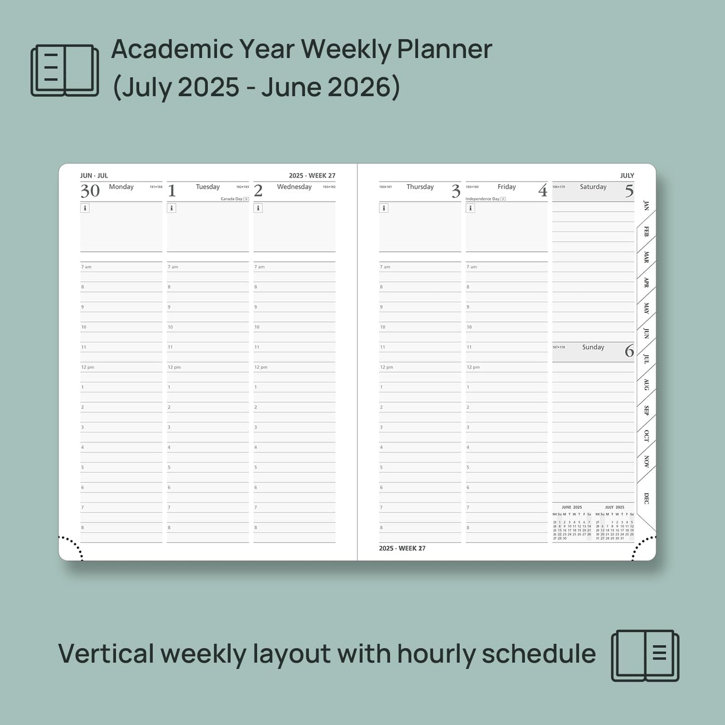 POPRUN Planner 2025-2026, (Medium 6.5'' x 8.5'' Hard Cover) Academic Calendar (July 25-June 26) Daily Weekly and Monthly Appointment Book with Hourly Time Slots, Monthly Tabs, 100 GSM - Orange