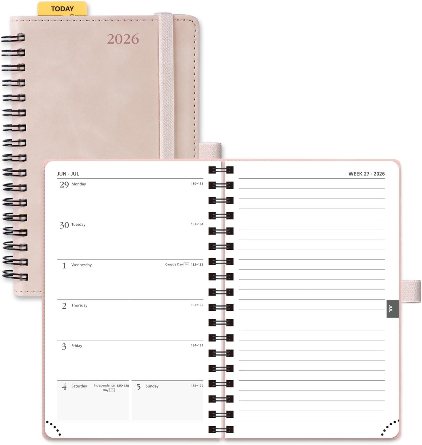 POPRUN 2026 Planner Weekly Notebook (Jan-Dec), Small Size 4''x 6.25'' - 2026 Pocket Calendar for Purse with Spiral Soft Cover, Plastic Ruler, Inner Pocket, 100 GSM - Soft Pink