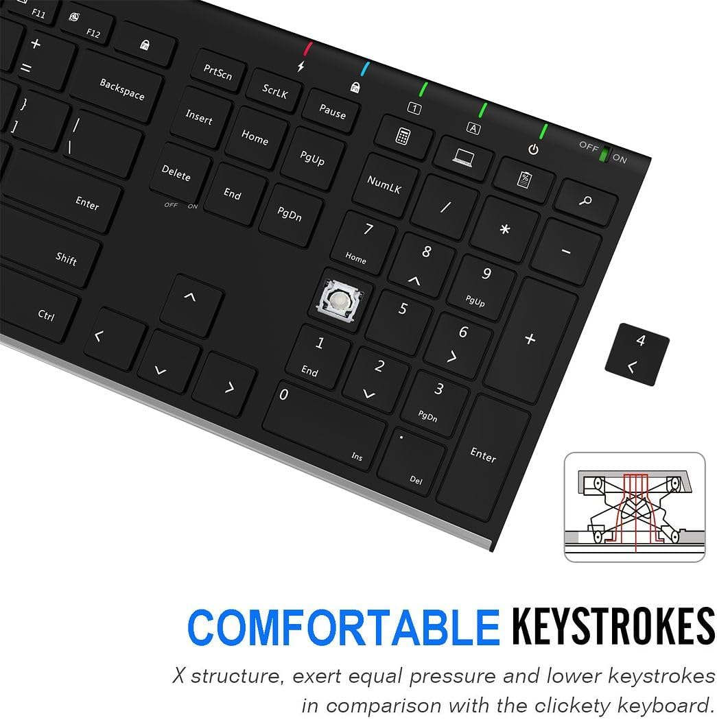 Arteck 2.4G Wireless Keyboard Stainless Steel Ultra Slim Full Size Keyboard with Numeric Keypad for Computer/Desktop/PC/Laptop/Surface/Smart TV and Windows 10/8/ 7 Built in Rechargeable Battery