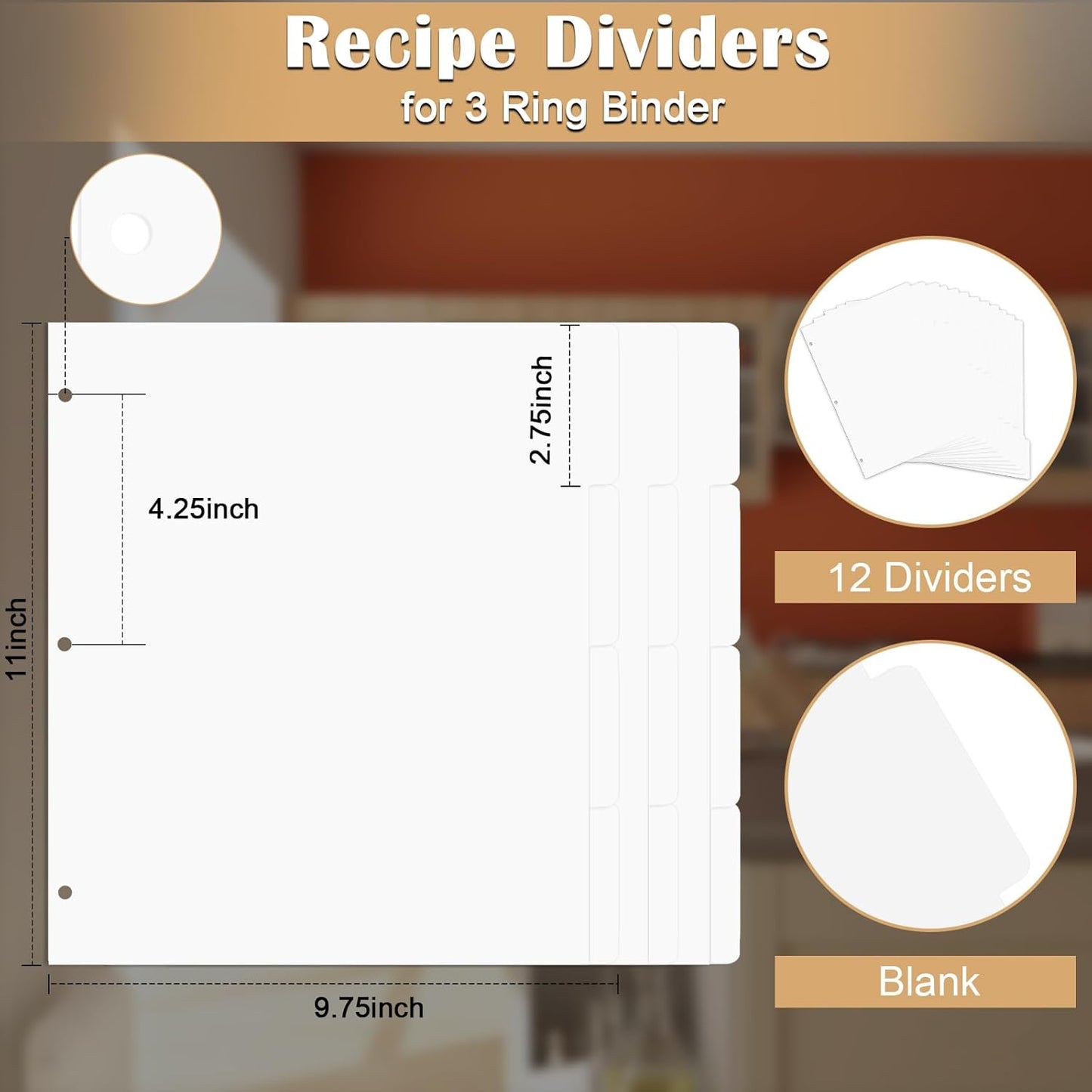 12 Sheet Recipe Dividers for 3 Ring Binder with 4 Tabs 9 3/4”×11” Paper Recipe Binder Dividers Blank Recipe Organizer Personalized Family Recipe Binder for Kitchen (White)