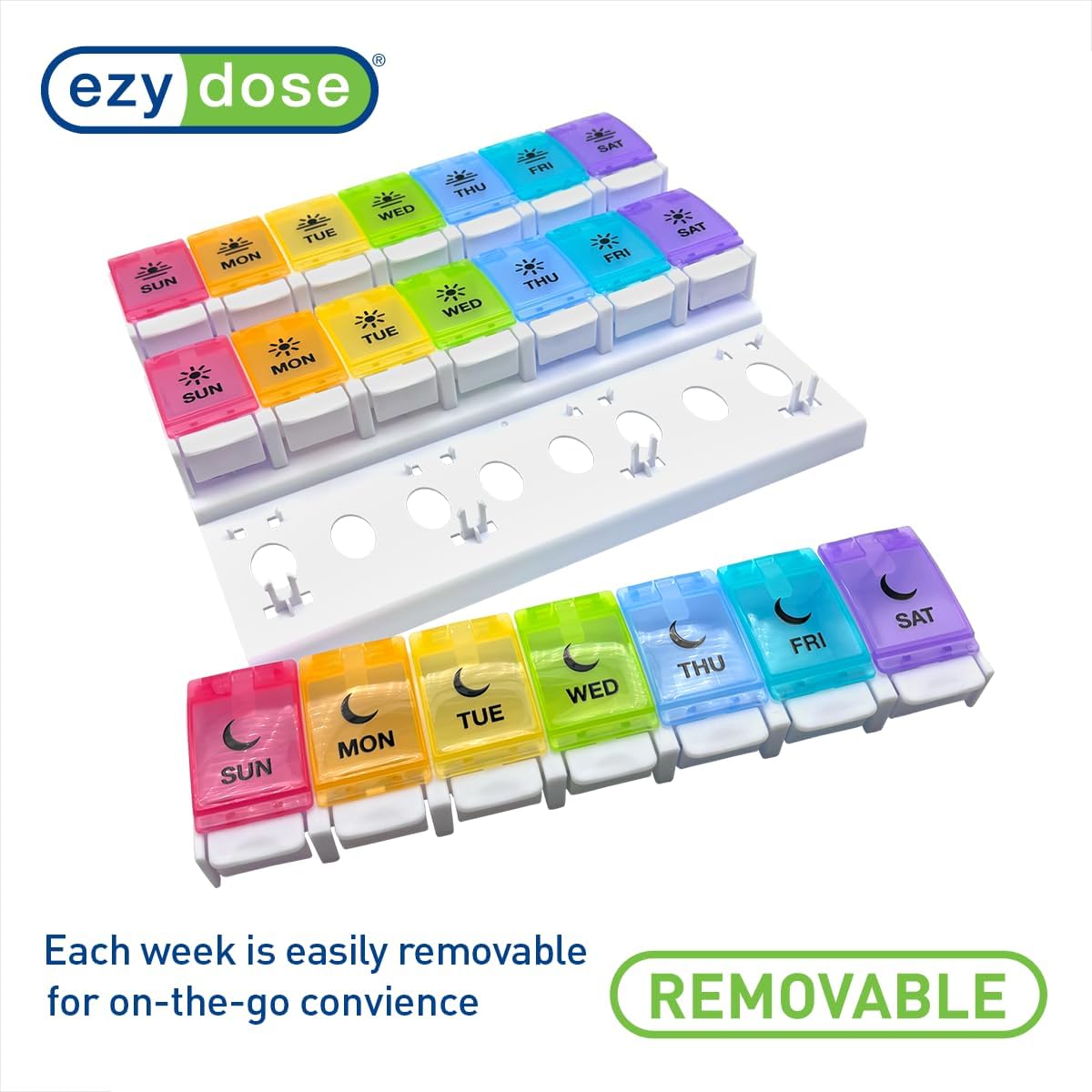 EZY DOSE Weekly (7-Day) Pill Case, Daily Medicine Planner, Vitamin Organizer Container, Large Push Button Compartments, Easy to Use, 3 Times a Day, Spring Open Design, Rainbow Lids, BPA Free