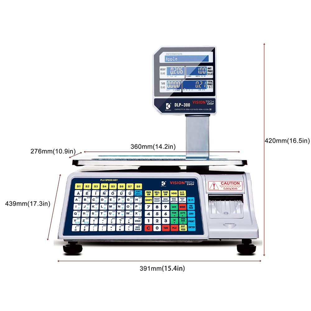 VisionTechShop DLP-300 Label Printing Scale Pole Display, 30/60lbs Capacity, 0.01/0.02lbs, NTEP Legal for Trade with a Free 1 case CAS LST-8020 UPC w/Ingredients Label, 58 x 60 mm