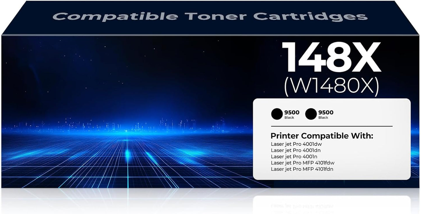 148X W1480X Toner Cartridges High Yield 2-Black (with Chip) Compatible Replacement for HP 148X W1480X 148A W1480A Toner Cartridge Work for Laser Jet Pro 4001dw 4001dn 4001n MFP 4101fdw 4101fdn Printer