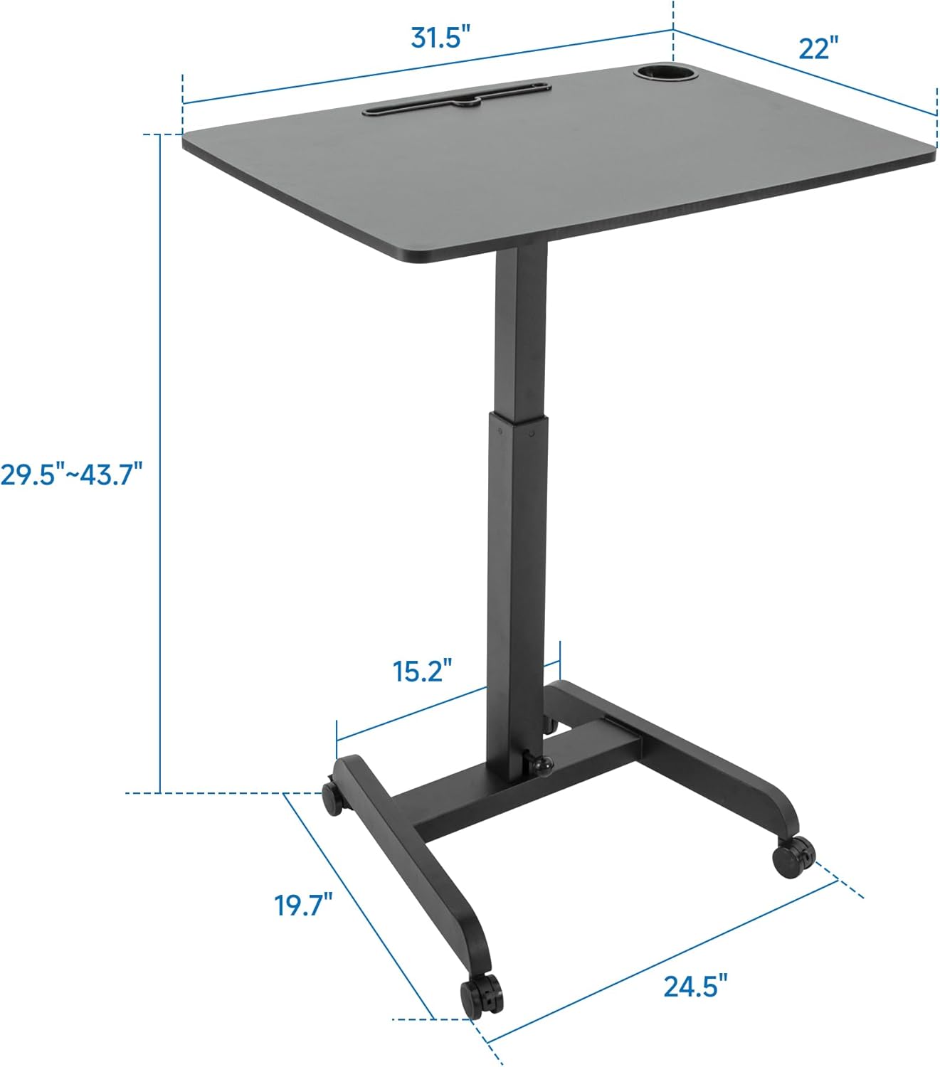 Rolling Laptop Desk Adjustable Height(29.5”- 43.7”)，Mobile Workstation Cart with 31.5" x 22.1"Desktop, Standing Desk Mobile Portable PC Table for Home,Office or Classroom in Black