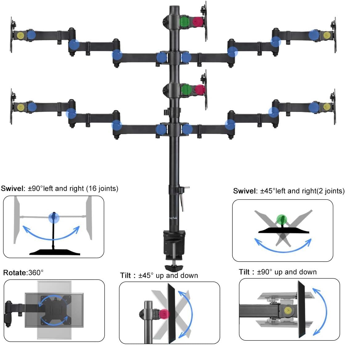 Suptek Hex LED LCD Monitor Stand up Desk Mount Extra Tall 31.5 inch Pole Heavy Duty Fully Adjustable Stand for 6 / Six Screens up to 27 inch (MD68126)