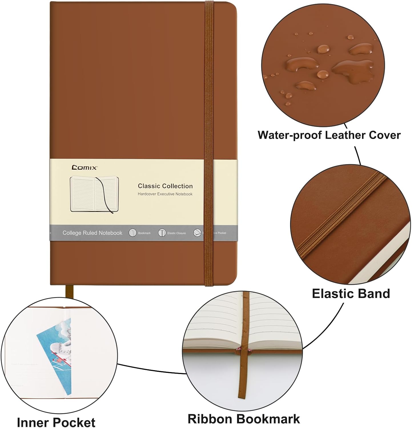 Comix Lined Journal Notebook for Women Men, Journaling Notebooks for Office School Home, Brown, 240 Pages, 5.5" x 8.3", College Ruled, A5, Hardcover