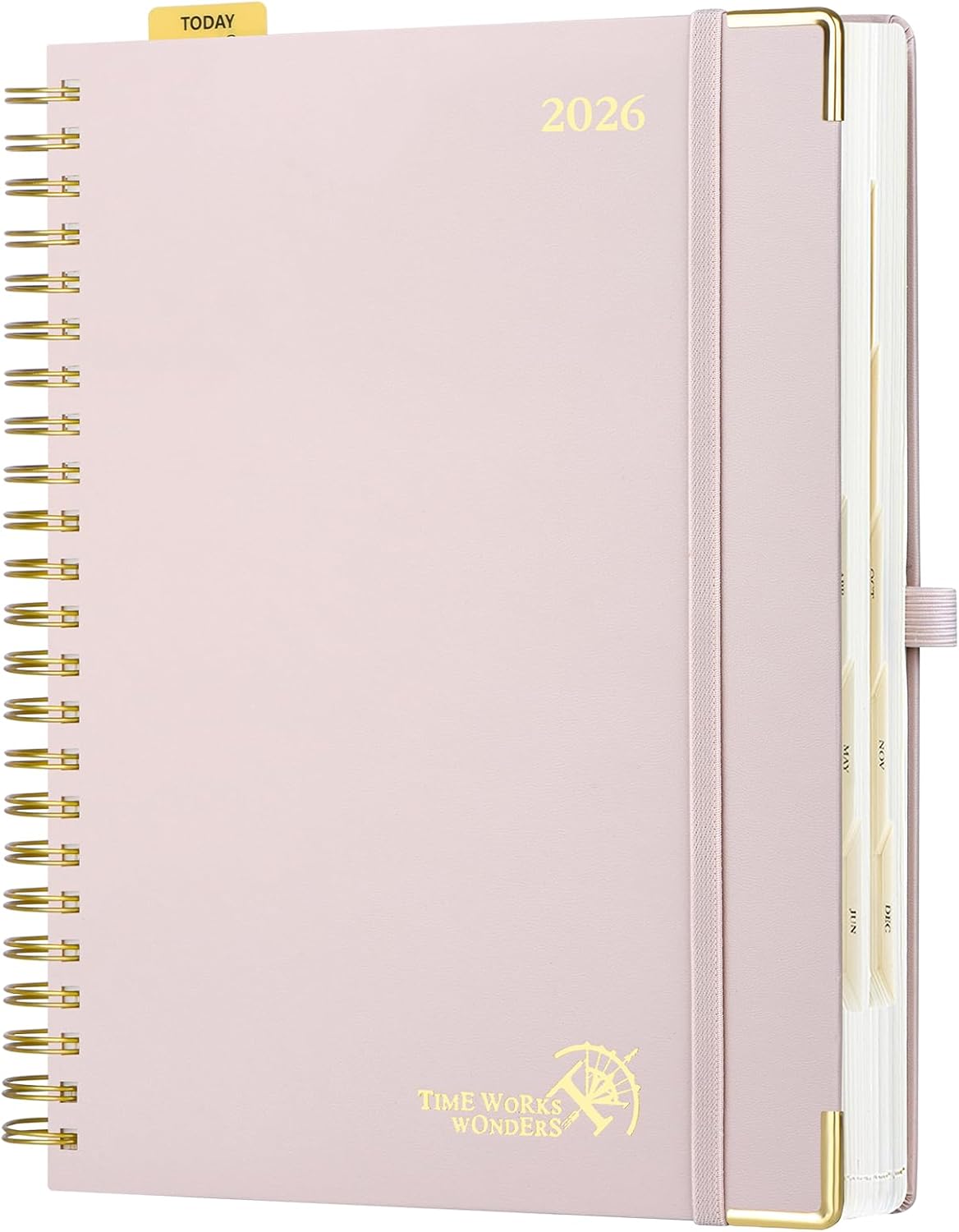POPRUN 2026 Daily Planner One Page A Day - [A4 Large Size 8.25" x 12" -Spiral Hard Cover], Agenda 2026 Hourly Appointment Book with Monthly Calendar, Pen Holder, Ivory Paper -Light Pink