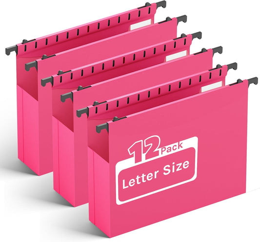 Ansook Plastic Hanging File Folders,Letter Size,Extra Capacity, 2" Expanding Accordian Pocket,Heavy Duty for Filing Cabinet,Hard and Durable Hang Folders Organizer,Letter Size,Pink - 12 Pack