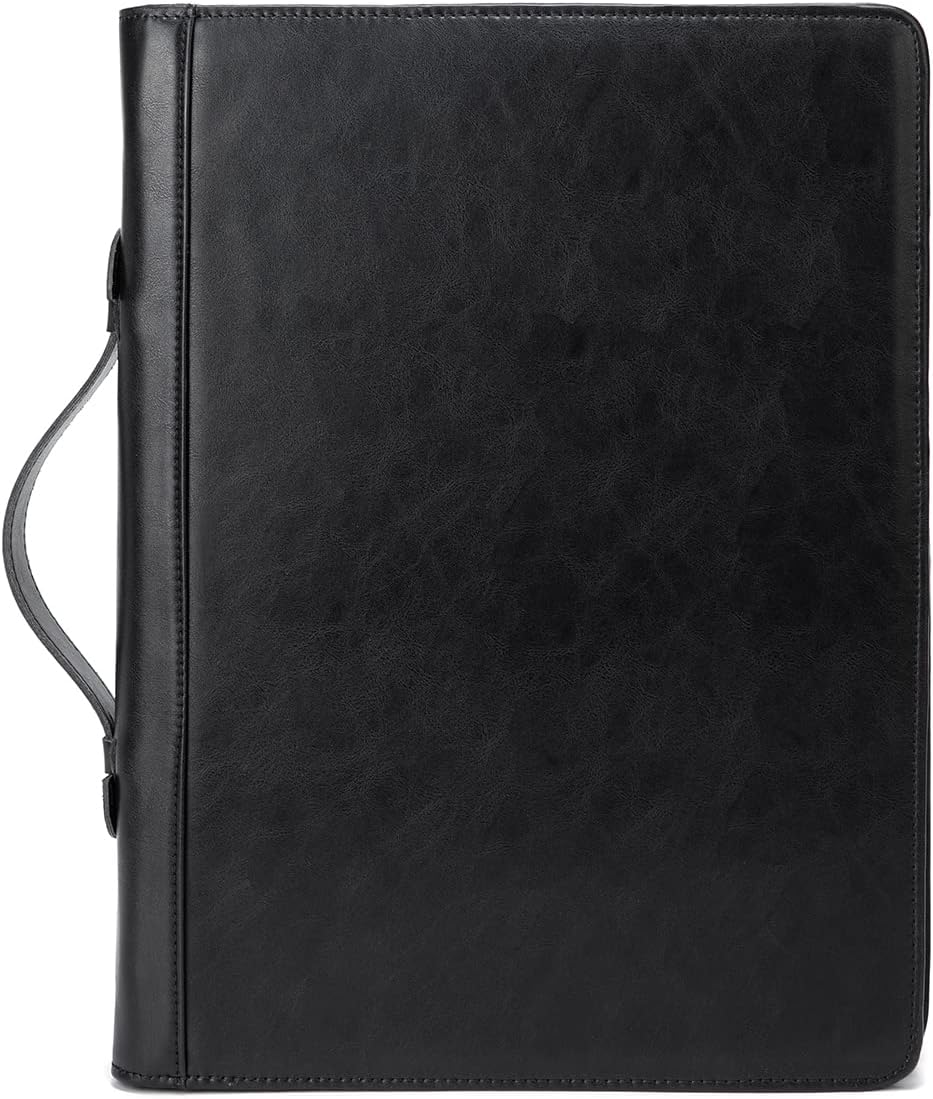 Vegan Leather Portfolio 3 Ring Binder with Clipboard, Hidden Handle, 8.5 x 11 Zippered Padfolio, Business Organizer Professional Executive Folio for Men and Women, Black