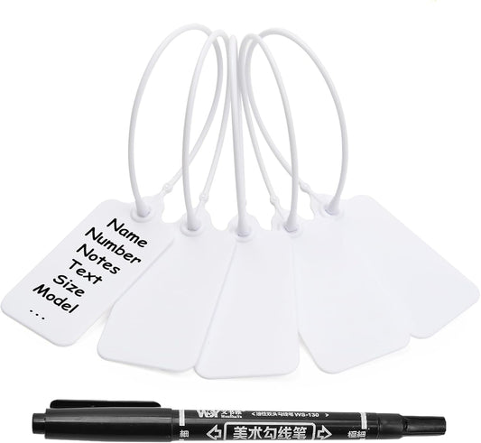 100 White Blank Plastic Tags for Labeling Waterproof Hanging Labels Writable Tags Seal Plastic Marking Label for Clothes Bags Keys Inventory with One Marker Pen