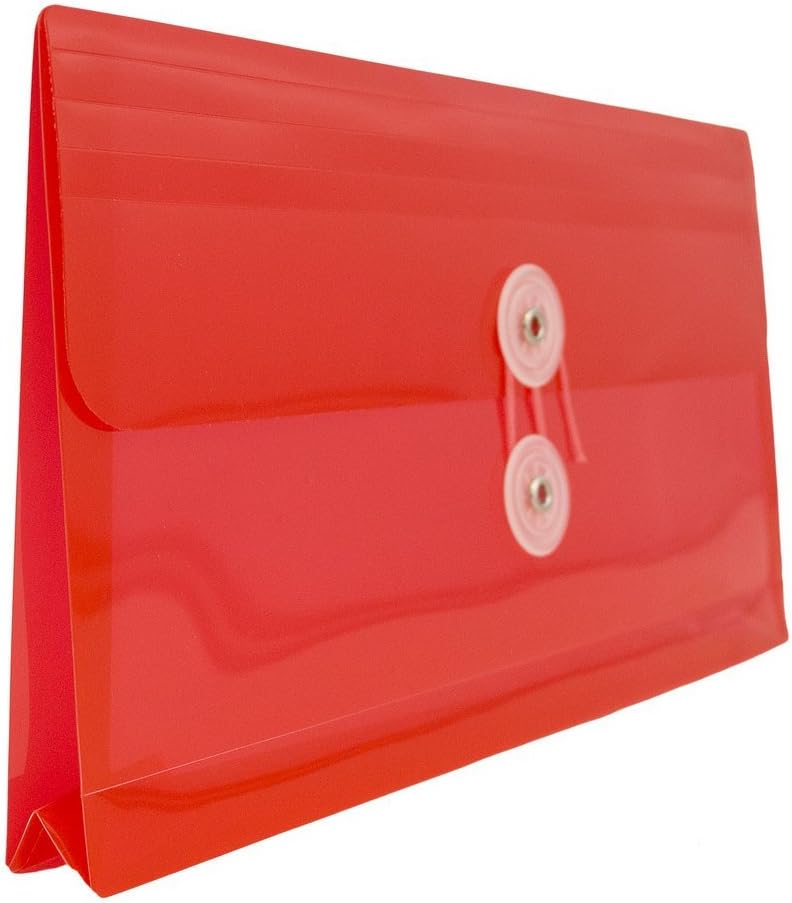 JAM PAPER Plastic Envelopes with Button & String Tie Closure - #10 Business Booklet - 5 1/4 x 10 - Red - 12/Pack