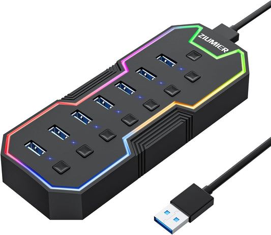 ZIUMIER USB 3.0 Hub,7 Ports USB Expander with RGB LED Strip for MacBook, Mac Pro, Mac mini, iMac, Surface Pro, XPS, PC, Flash Drive, Mobile HDD