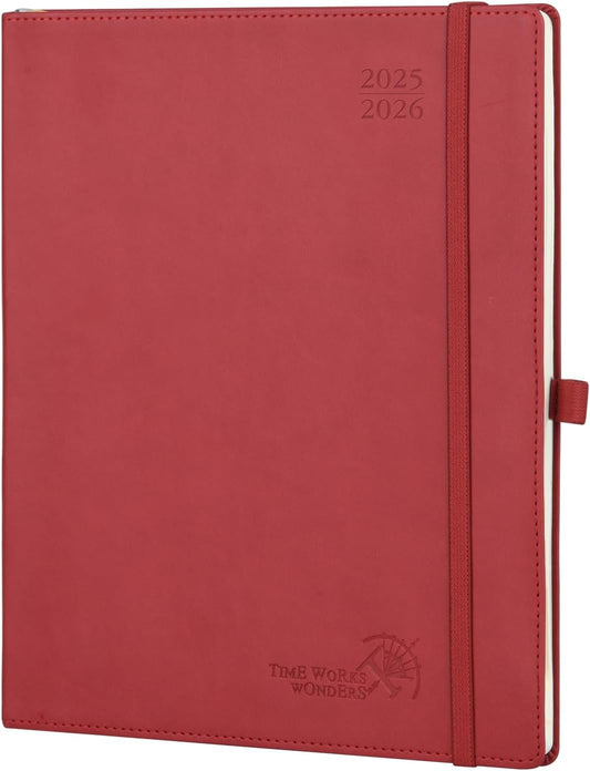 POPRUN Planner 2025-2026 (Large - 8.5'' x 10.5'') Academic Weekly Calendar (July 2025 - June 2026) with Hourly Time Slots, Monthly Tabs, 100GSM Thick Papers, Leather Soft Cover - Burgundy Red