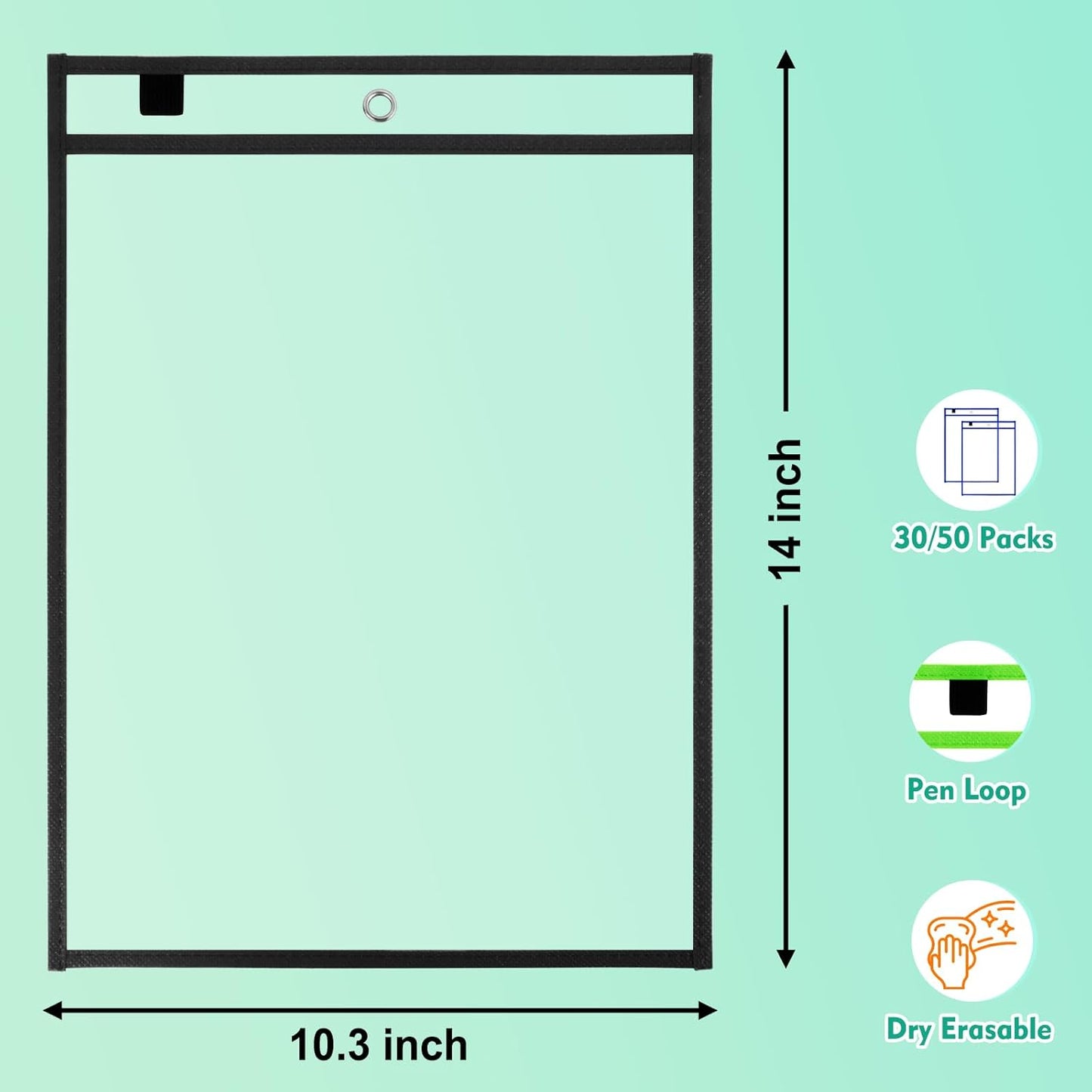 50 Packs Dry Erase Pocket Sleeves, Reusable Clear Plastic Classroom Sleeves, 10x14 Inch Ticket Holders, Plastic Sleeves for School/Office Organization Black