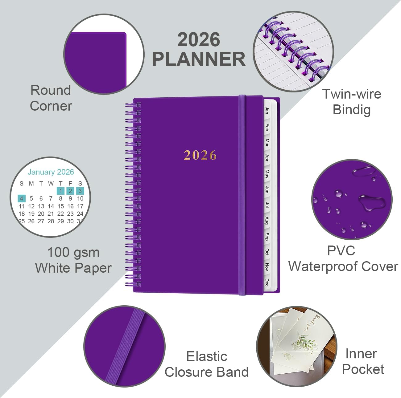 2026 Planner - Planner 2026 from January 2026 - December 2026, Weekly & Monthly Planner Spiral Bound with 12 Monthly Tabs, Inner Pocket, 6.4" x 8.5", Purple-B