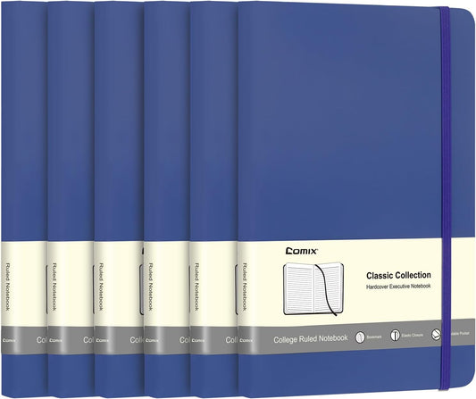 Comix 6 Pack Lined Journal Notebooks for Work, 240 Pages, 5.5"x8.3", Navy Blue, Hardcover, A5 Medium College Ruled, Journaling Notebooks for Notes-taking, Fits for Office School Home