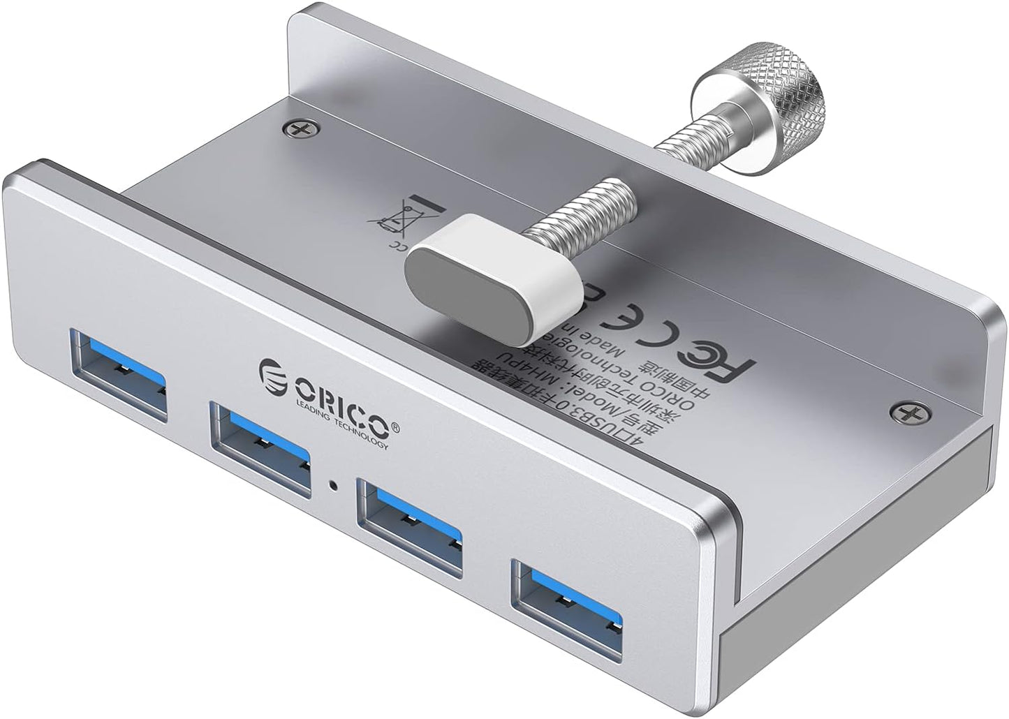 ORICO USB 3.0 Hub, USB Hub Clamp, Aluminum 4-Port USB Splitter with 4.92 FT USB Data Cable, Desktop Powered USB Hub for Monitors/Desks-Silver (Without Power Adapter)