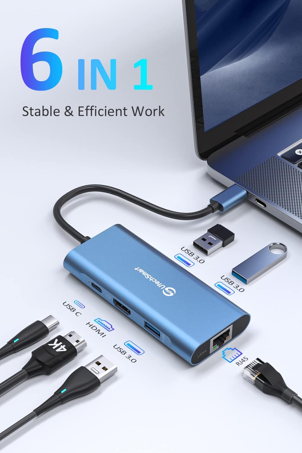 UtechSmart USB C Hub, Ethernet Multiport Adapter 6 in 1 USB C to HDMI Dock Compatible for MacBook Pro/Air, Chromebook, Dell XPS, HP and Type C Devices (Gigabit Ethernet 100W PD 4K HDMI USB 3.0) Blue