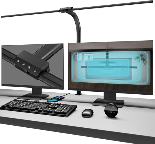 Double Head Desk Light with Clamp, LED Desk Lamp with Remote Control, Tall Double Head Desk Lamp with Clamp, 10 Brightness Modes & 10Colors, Adjustable Desk Light for Work & Study