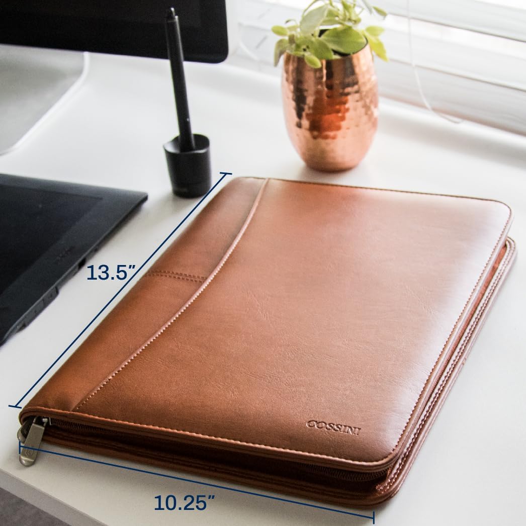 Cossini Premium Business Portfolio with Zipper – Padfolio - Superior Business Impressions Begin with PU Vegan Leather, 10.1 Inch Tablet Sleeve, Smart Storage, Solar Calculator, Writing Pad - Tan
