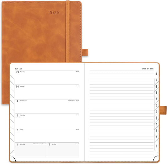 POPRUN Weekly Planner 2026 (Medium 6.5" x 8.5") Calendar 12 Months Notebook with Horizontal Layout, Leather Soft Cover, Monthly Tabs, Inner Pocket, 100GSM Thick Paper, Pen Holder - Brown