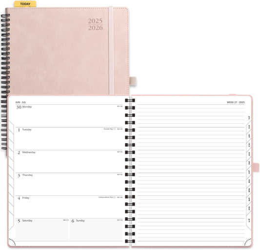 POPRUN Planner 2025-2026 Weekly Planner Notebook (Large 8.5''x 10.5'') Academic Calendar (JUL.25 - JUN.26) Appointment Book with Monthly Tabs, Spiral Soft Cover, Inner Pocket, 100 GSM - Pink