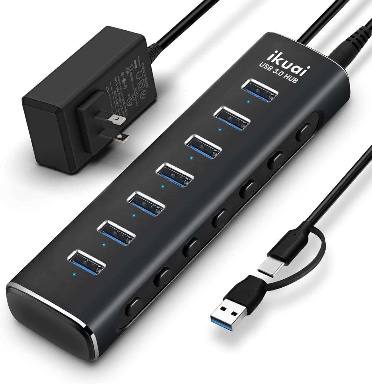 Powered USB 3.0 /USB C Hub, ikuai Aluminium 7-Port USB Hub Splitter with AC Adapter LED Individual On/Off Switches and 3.3ft Extended Long Cable for Laptop, Mac, PC, Flash Drive, Mobile HDD