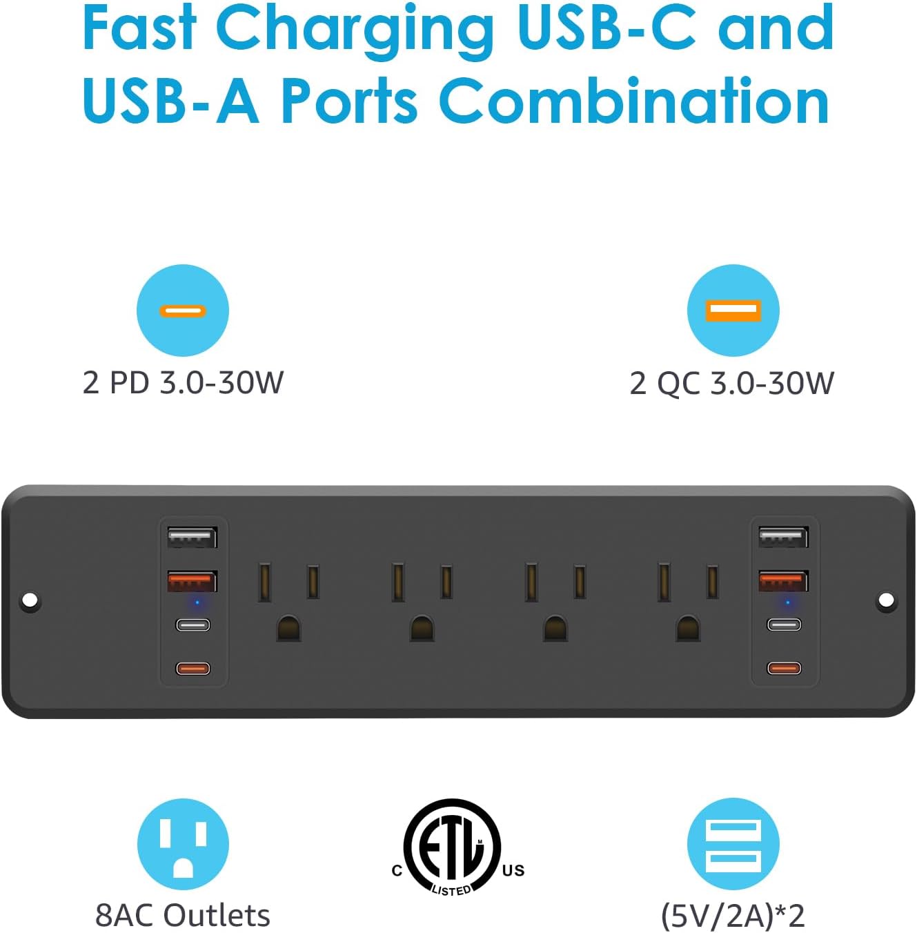 HHSOET 8 Outlet Recessed Power Strip, 30W Fast Charging Furniture Power Outlet USB C, Flush Mount Surge Protection Socket with 4 USB-A and 4 USB-C, 6ft Power Cord. (Black)