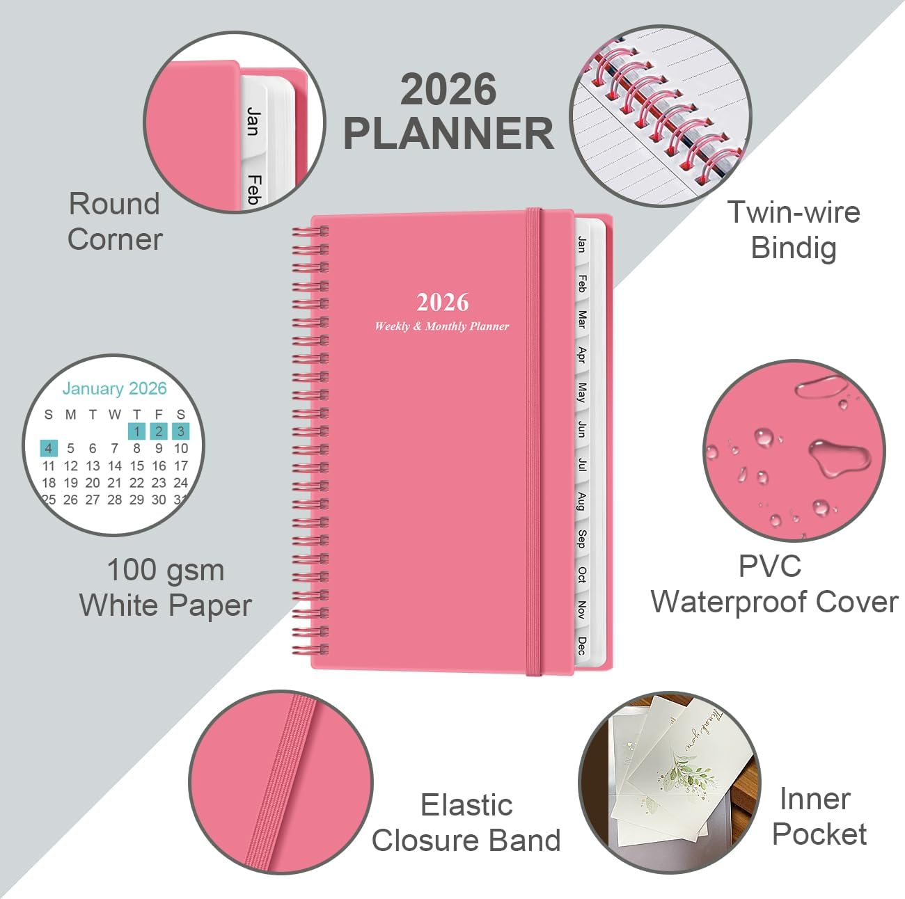 2025-2026 Pocket Planner/Calendar - 2025-2026 Planner from July 2025 - June 2026, Planner 2025 with 12 Tabs, Twin-Wire Binding, Inner Pocket, 3.75" x 6.75, Pink