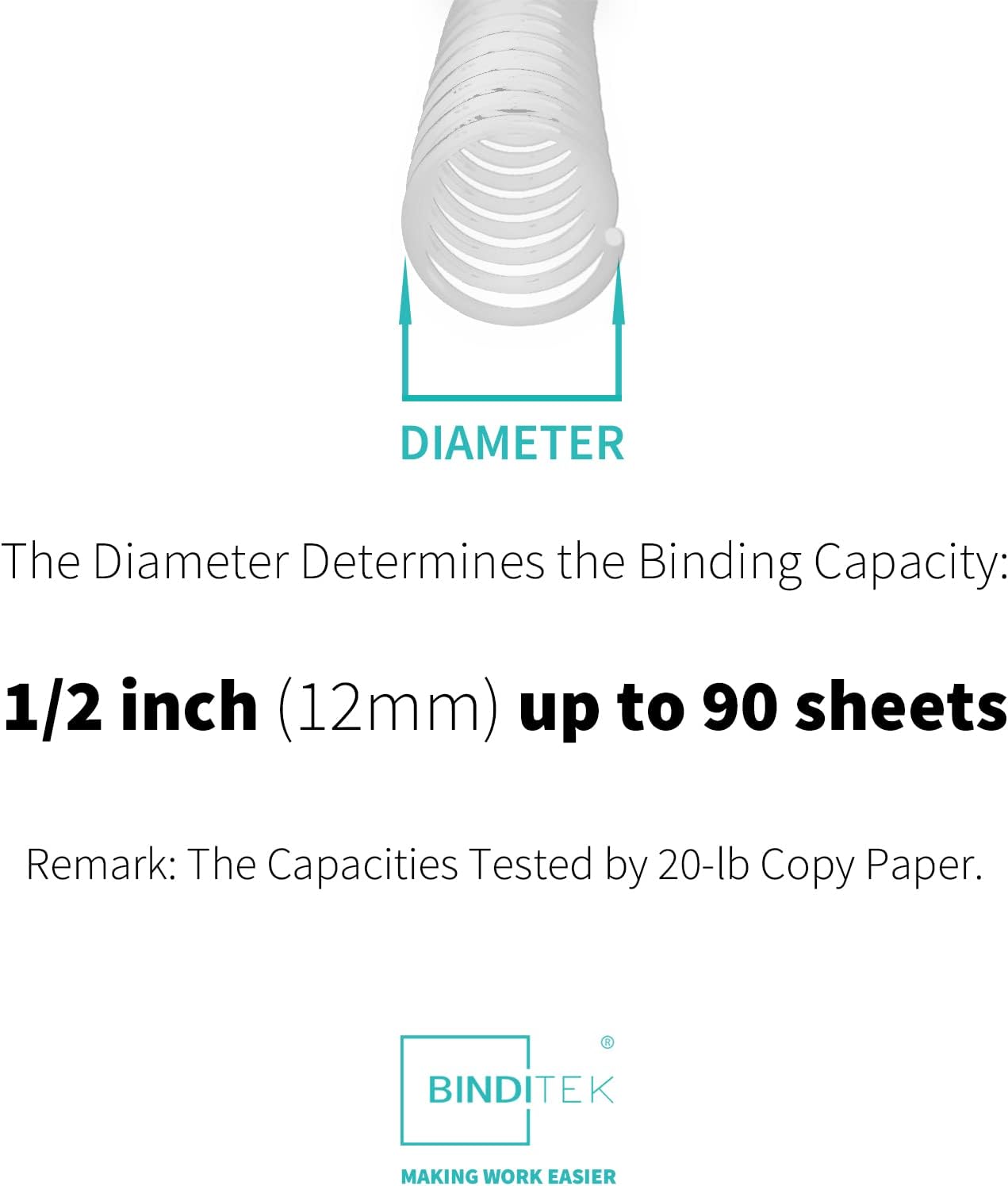Binditek 50 Pack Plastic Spiral Binding Coils, 12mm(1/2"), 90 Sheet Capacity, 4:1 Pitch, White, 48Loops, for Letter Size, for Students and Coworkers