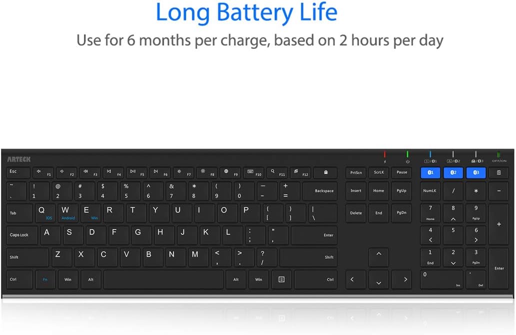 Arteck HB192 Universal Bluetooth Keyboard Multi-Device Stainless Steel Full Size Wireless Keyboard for Windows iOS Android Computer Desktop Laptop Surface Tablet Smartphone Rechargeable Battery