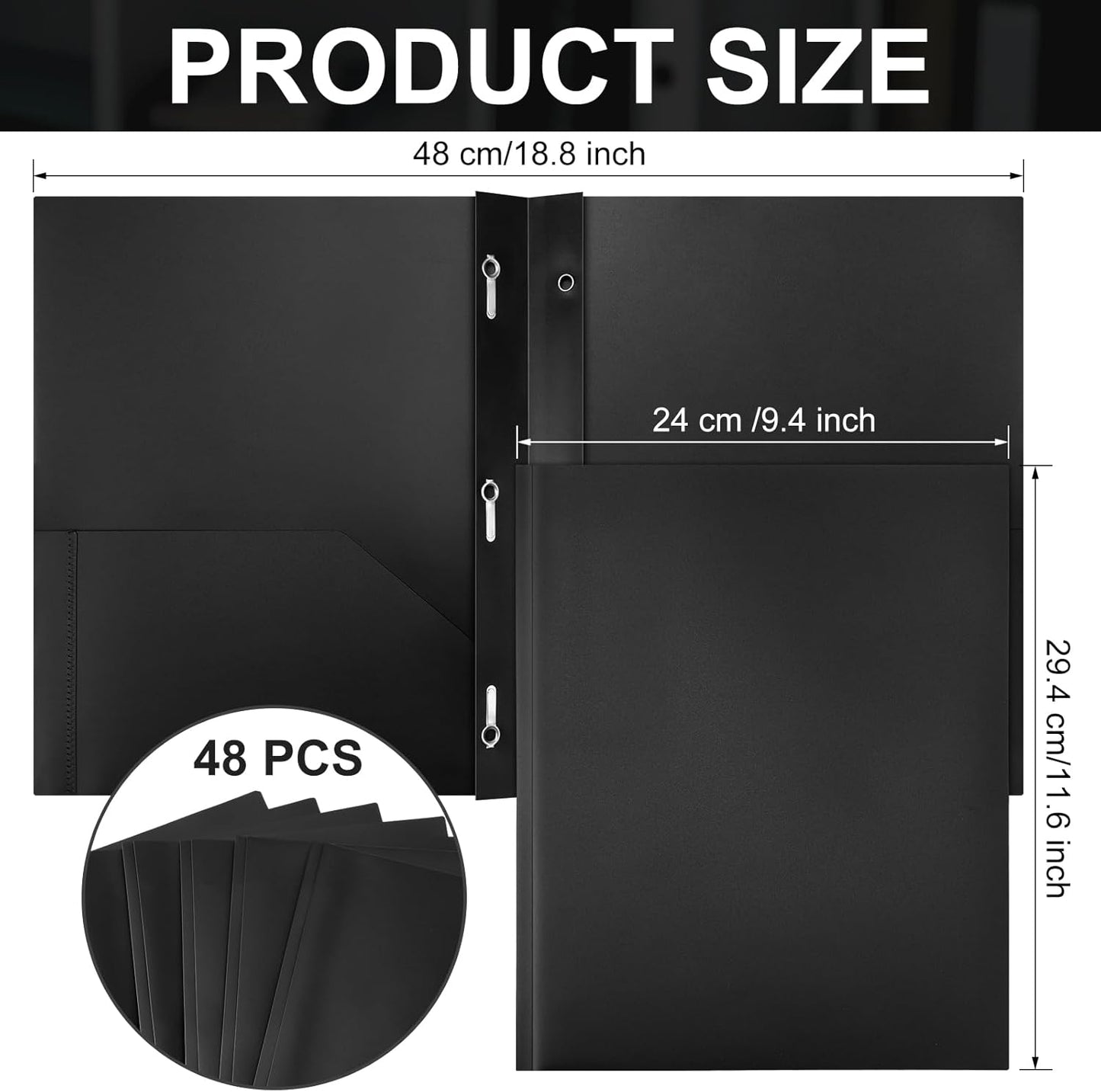 Patelai 48 Pcs Plastic Folders with 2 Pockets and 3 Prongs Home Folders with Card Slot Letter Size Heavy Duty Report Covers for Back to School(Black,Classic)