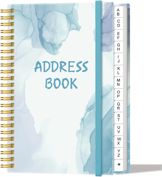 Address Book with Alphabetical Tabs - Small Address Book Spiral with Address Contacts, Special Date, Phone, Birthday & Internet Login Password for Home and Office, 4.3" x 6.2", Blue Watercolor