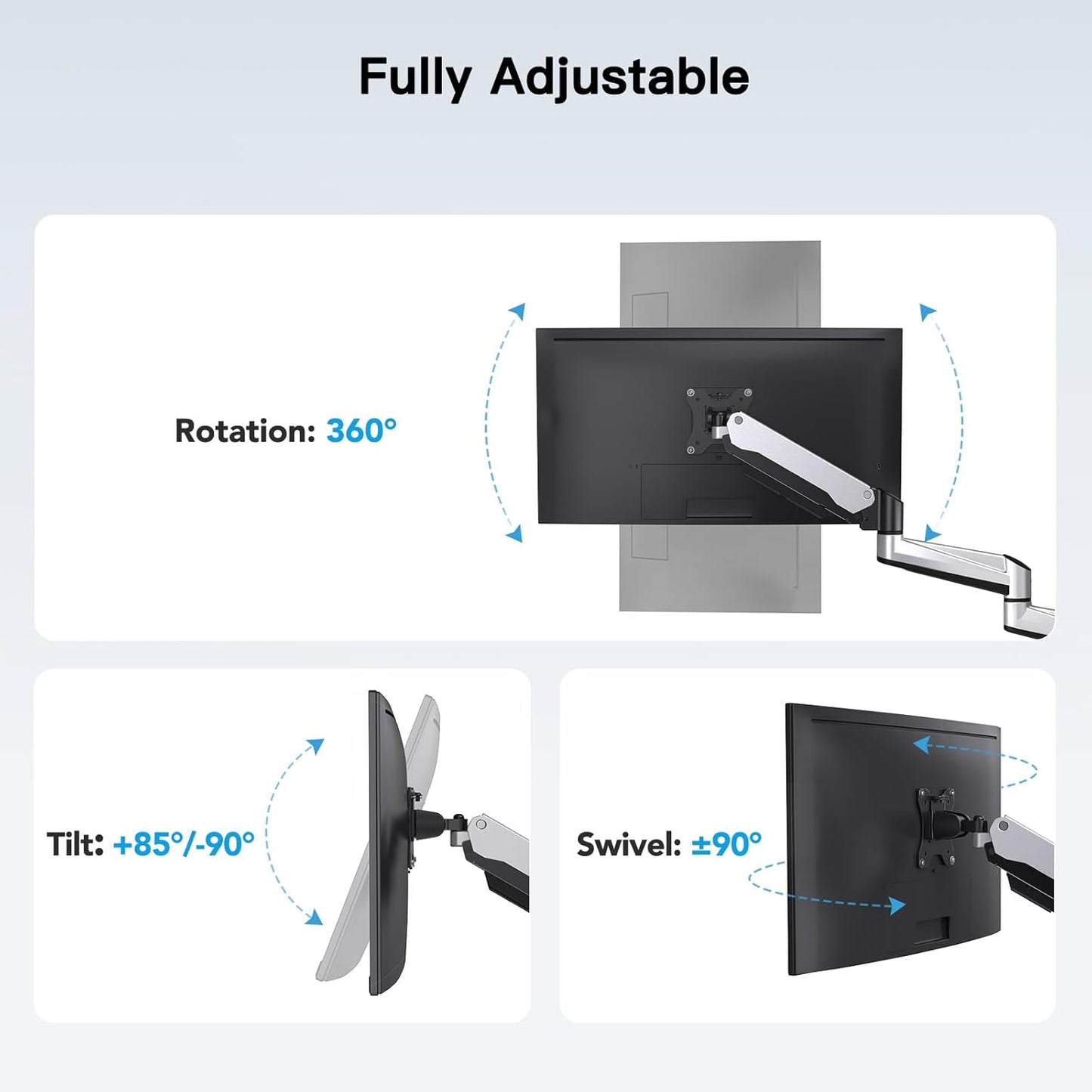 HUANUO Triple Monitor Stand - Full Motion Articulating Gas Spring Monitor Mount Fit Three 17 to 32 inch Flat/Curved LCD Computer Screens with Clamp, Grommet Kit, Silver