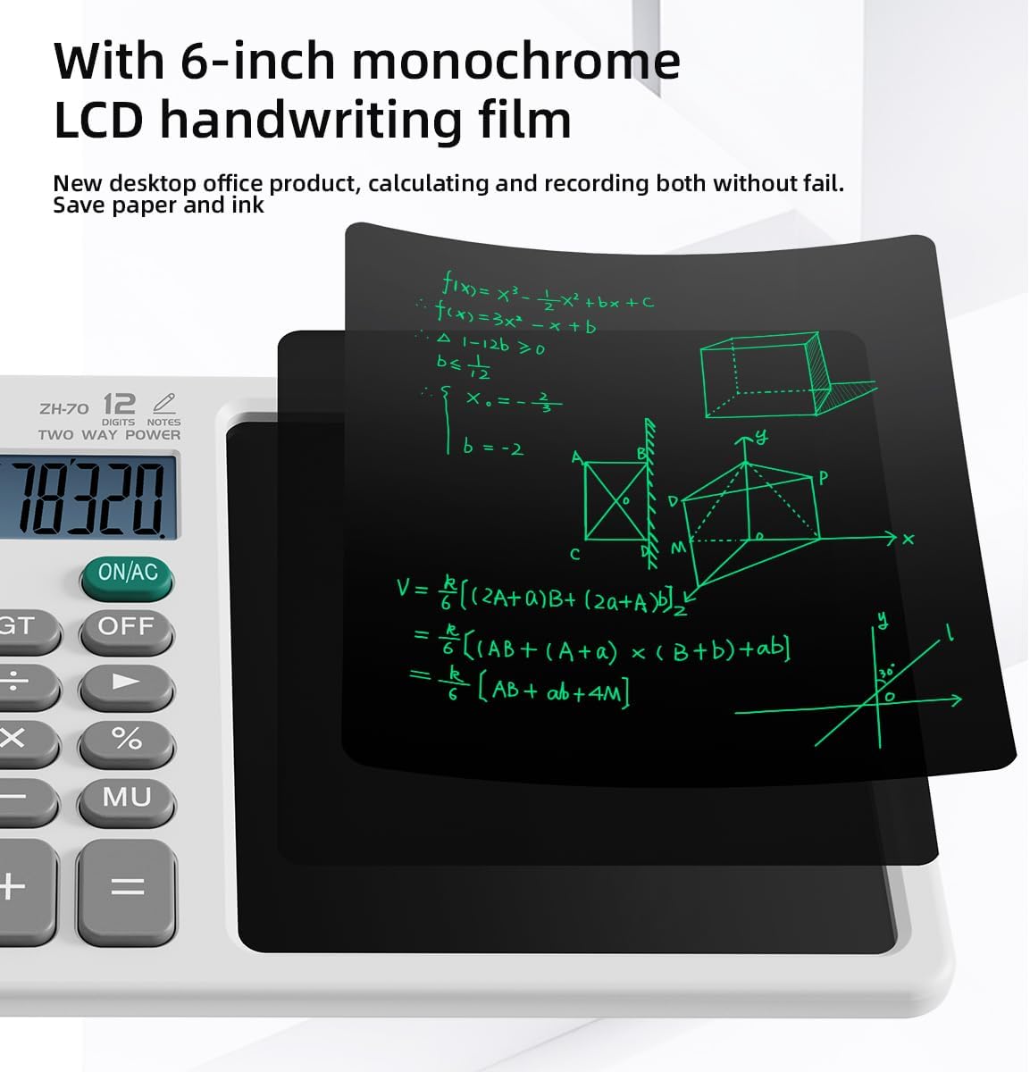 Scientific Calculator with Pull - Out Stylus, 12 - Digit Wide Screen & 100,000+ Reusable Writing Pad, One - Click Clear/Lock, Solar & Battery Dual Power, Portable for School Office Business (White)