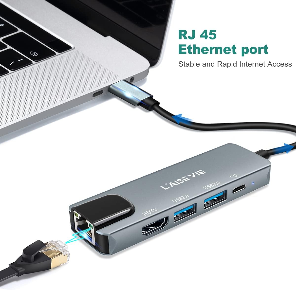 USB C Hub, 5 in 1 USB C 4K@32Hz HDMI Adapter with Ethernet Port, 100W Power Delivery PD Type C Charging Port, USB 3.0& 2.0 Adapter Compatible for MacBook Pro, Chromebook, XPS, and Devices