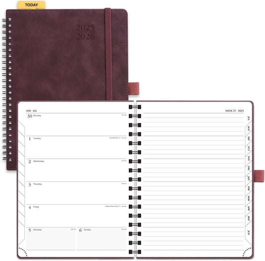 POPRUN Planner 2025-2026 Weekly Notebook (Medium 8.5''x 6.5''), Academic Calendar (JUL.25 - JUN.26) Appointment Book with Monthly Tabs, Spiral Soft Cover, Inner Pocket, 100 GSM - Claret