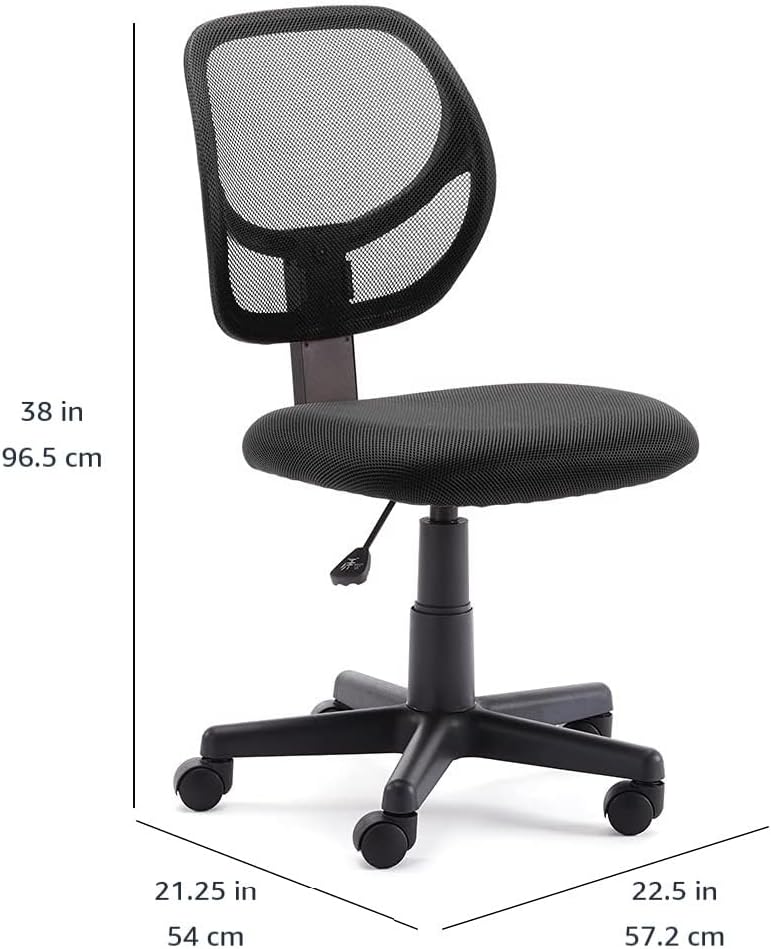 Amazon Basics Rolling Desk Chair, Adjustable, Low Back, Padded Seat, Breathable Mesh, Swivel, Black, 21.25" D x 22.5" W x 38" H