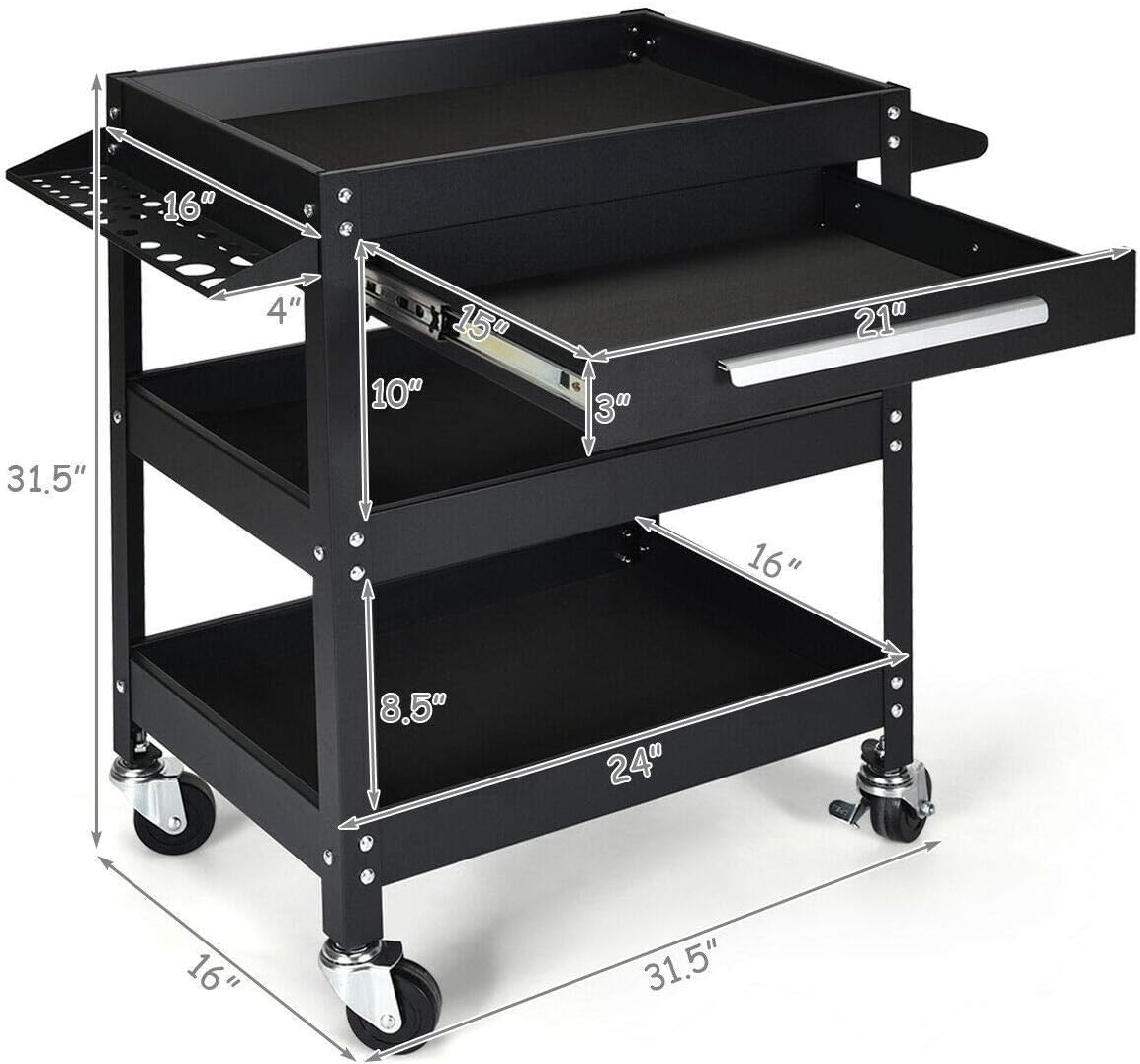 ERGOMASTER Metal Service Utility Cart with Wheels - 500LBS Tool Cart Heavy Duty Rolling 3-Tier Storage Organizer, for Garage Industrial Cart -Black