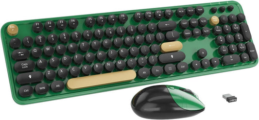 Wireless Keyboard,KOOTOP Cute Colorful 104 Keys Typewriter Retro Round Keycaps Keyboard for PC Laptop,Desktop,Windows, Home and Office Keyboards (Black Green)