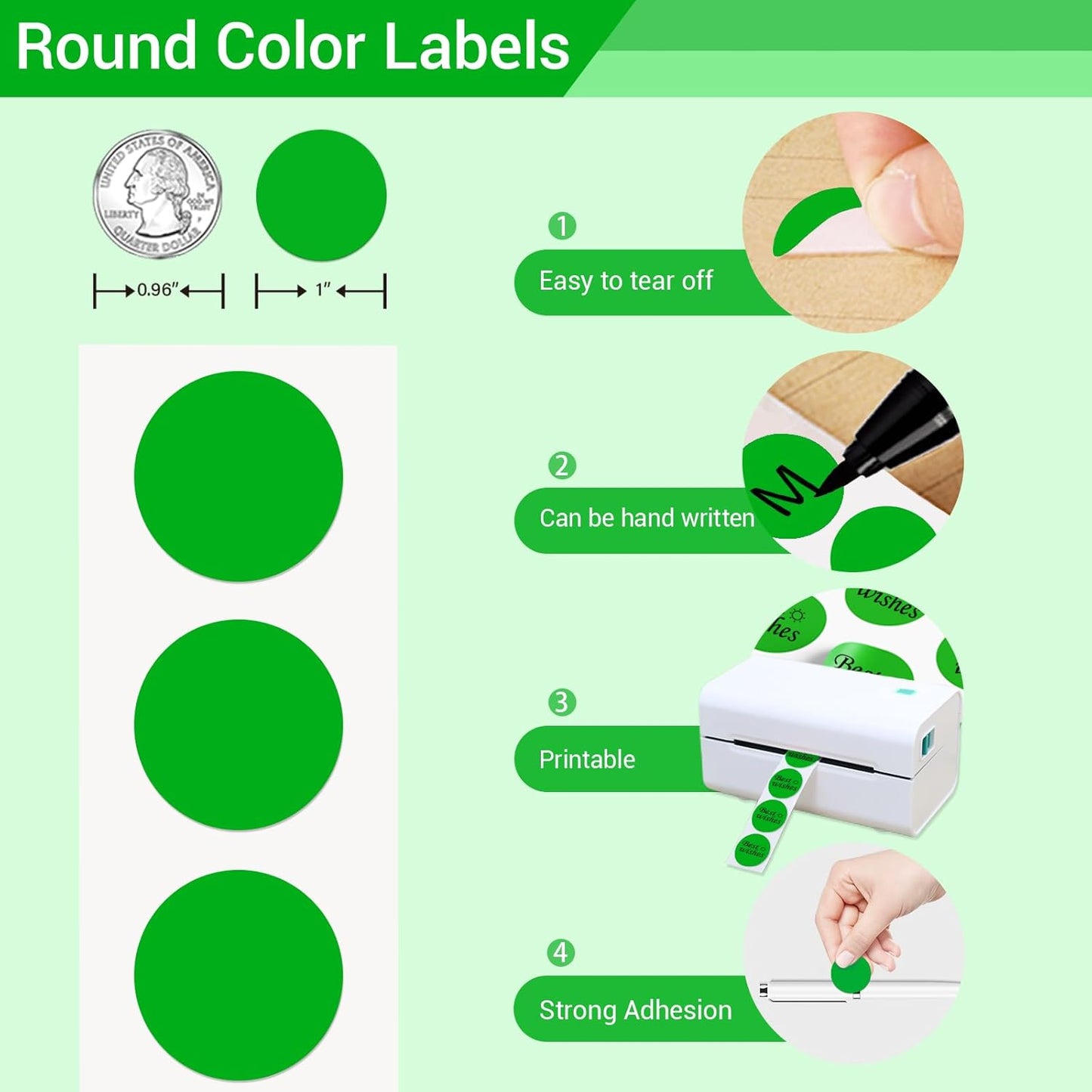 1 Inch Circle Dot Stickers 1000 PCS Color Coding Thermal Labels Dots Writable Printable Small Round Stickers for Office, Classroom, Inventory, Garage, Organizing Storage, DIY, Green