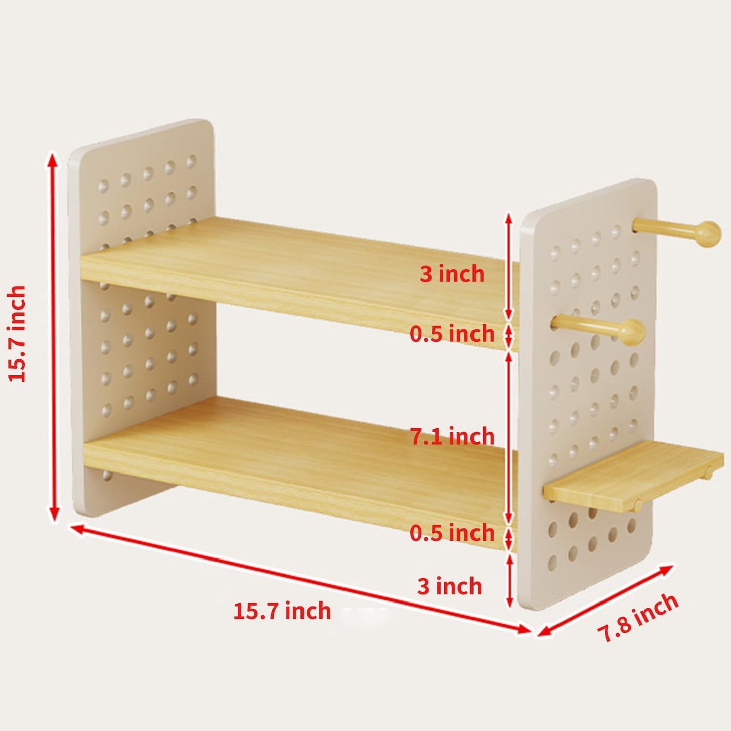 Wood Desk Shelf Organizer, 2 Tier Desktop Bookshelf for Home and Office Supply, Wooden Desktop Organizer with Pegboard Design, Adjustable Display Shelf for Computer Desk