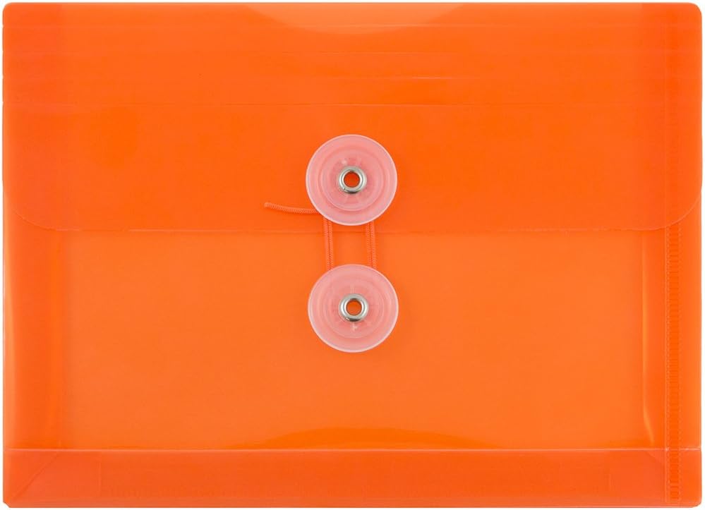 JAM PAPER Plastic Envelopes with Button & String Tie Closure - Index Size - 5 1/2 x 7 1/2 - Orange - 12/Pack
