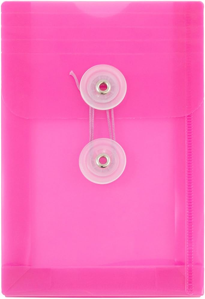 JAM PAPER Plastic Envelopes with Button & String Tie Closure - 4 1/4 x 6 1/4 - Fuchsia Pink - 12/Pack