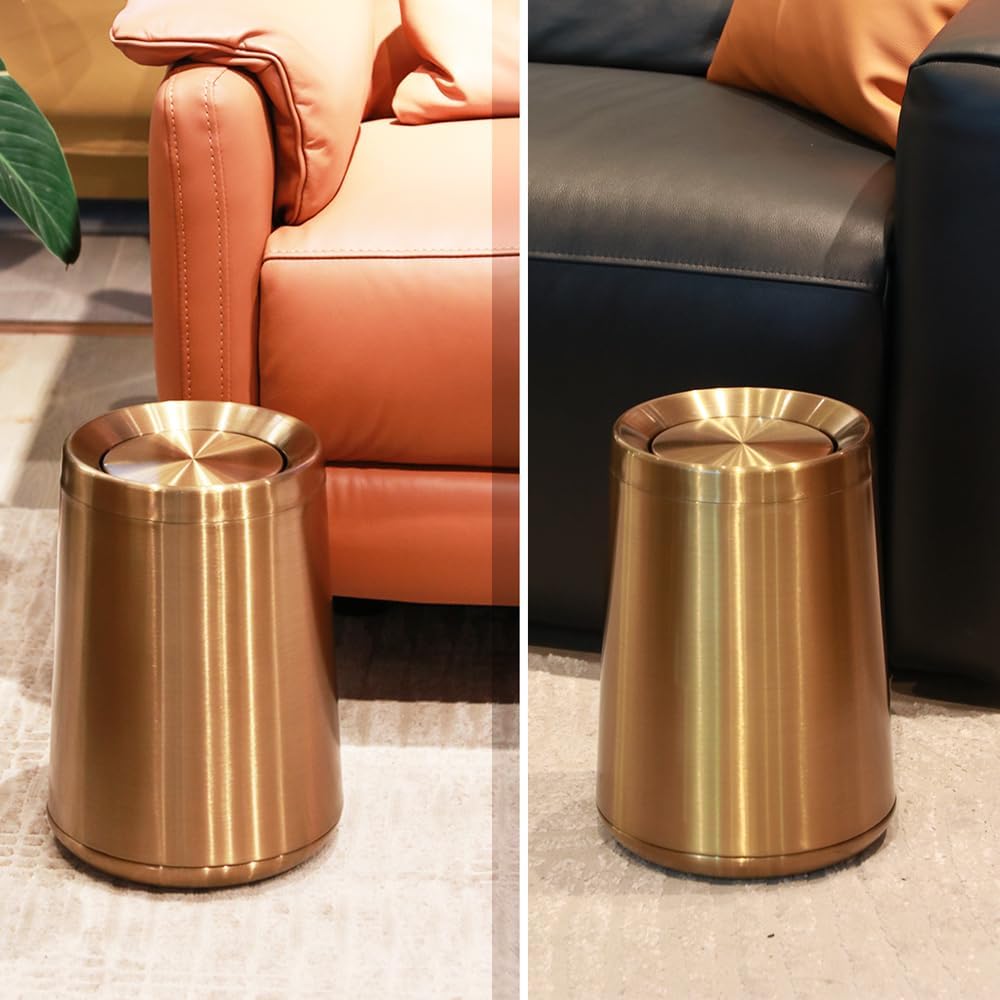 10 L/2.6Gallen,Swing Lid Gold Brass Trash Can,Brushed Nickel Garbage Can Bathroom with Flipping Lid,for Bathroom, Living Room,Bedroom,Hotel (Rose Gold)