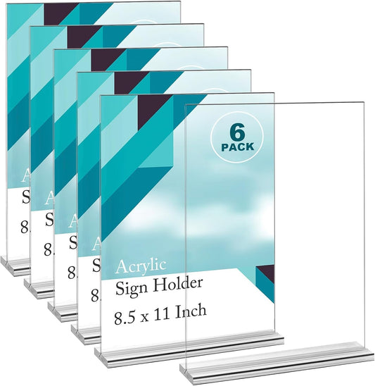 EHWINE 6 Pack Acrylic Sign Holders - 8.5 x 11, Double-Sided Stand Up Table Top Sign Holders, Clear Acrylic Picture Frame Menu Flyer Paper Display Stand for Office Business Store Wedding Party