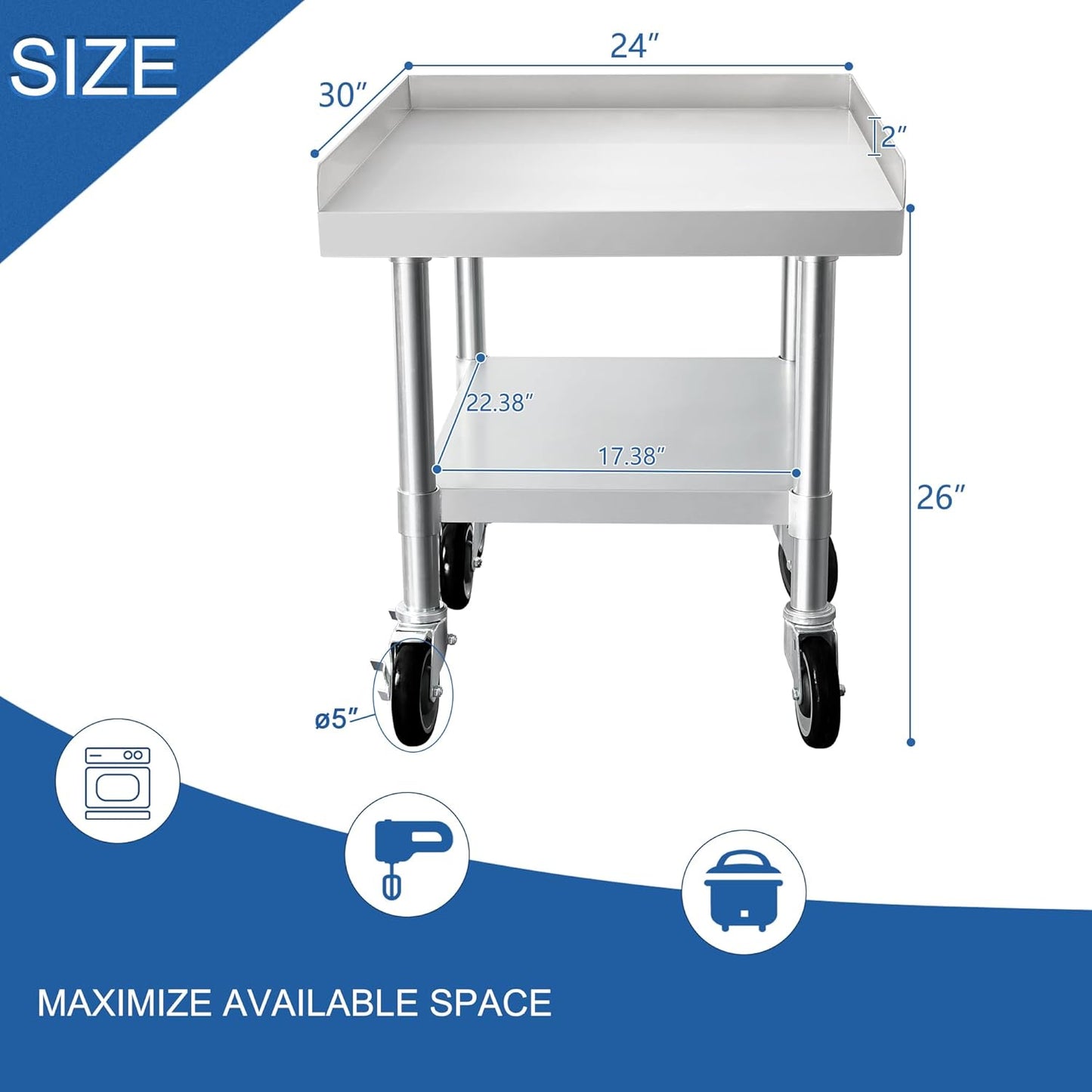 HARDURA Stainless Steel Equipment Stand Metal Prep Table with Casters 30"X 24" NSF 430 for Commercial Food Prep