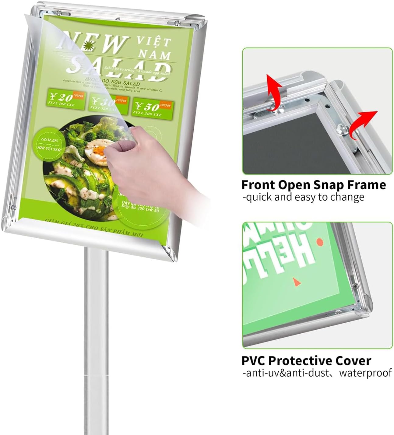 Heavy Duty Adjustable Pedestal Poster Sign Stand, 11x17 Aluminum Open Floor Standing Sign Holder for Vertical and Horizontal View Display, Silver