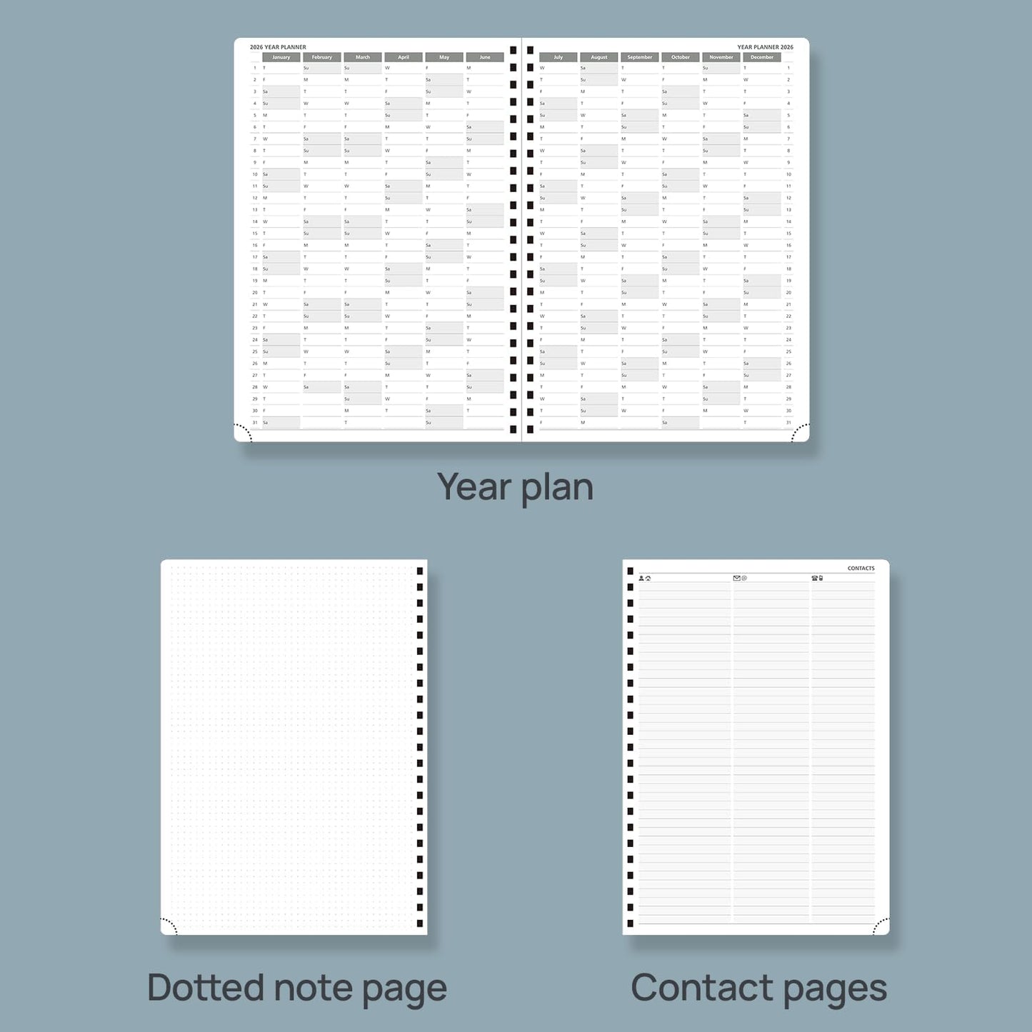 POPRUN 2026 Daily Planner One Page A Day - [A4 Large Size 8.5" x 12" -Spiral Hard Cover], Agenda 2026 Hourly Appointment Book with Monthly Calendar, Pen Holder, Ivory Paper - Pacific Green