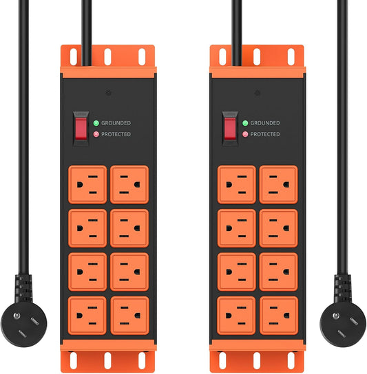 2 Pack Heavy Duty Power Strip 8 Outlets, Work Shop Outlet Strip Surge Protector 4800J, Industrial Metal 15Amp Power Strip, 6FT Extension Cord, ETL Listed